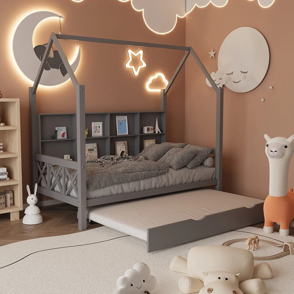 Twin House Bed with Trundle and Storage Shelve F524948