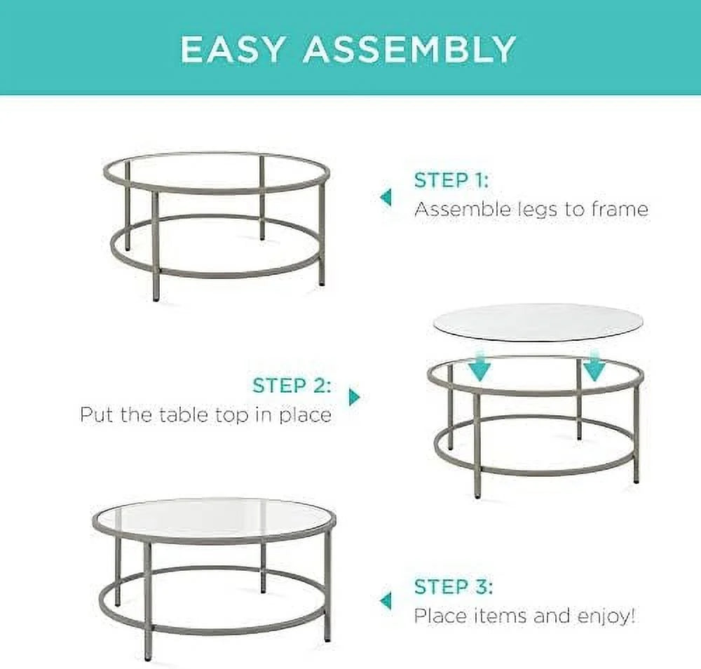 36in Round Tempered Glass Coffee Table with Metal Frame P1868