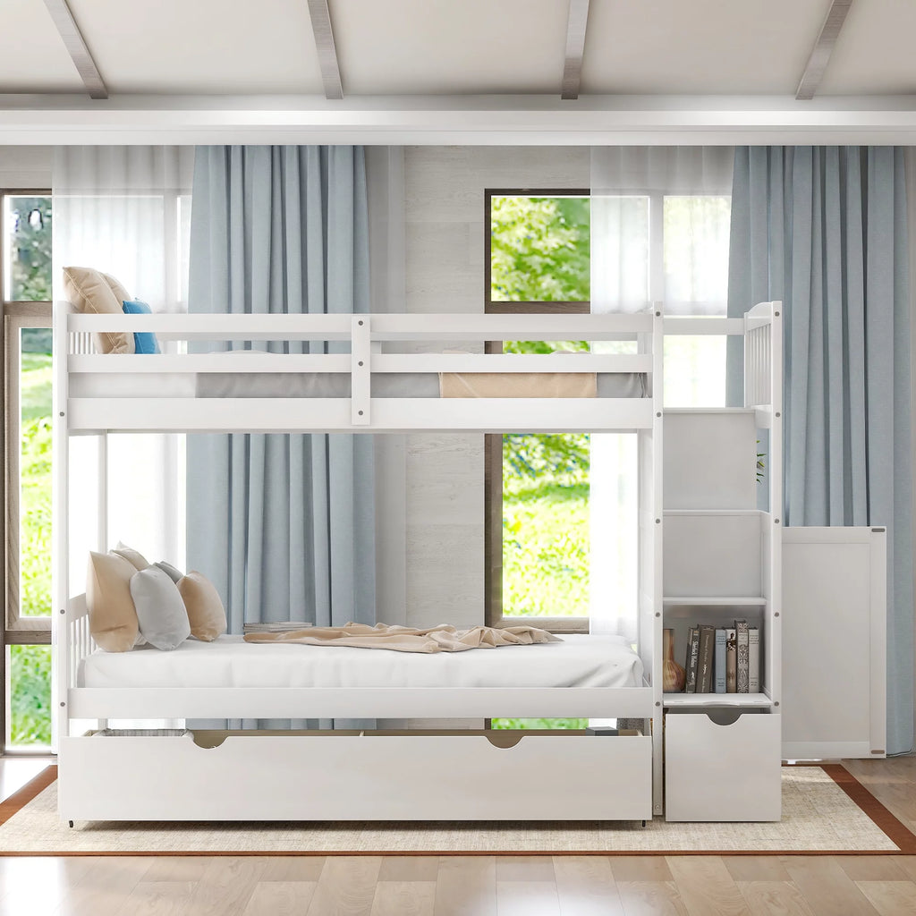 White Twin over Twin Bunk Bed with Drawer and Cabinet A705303