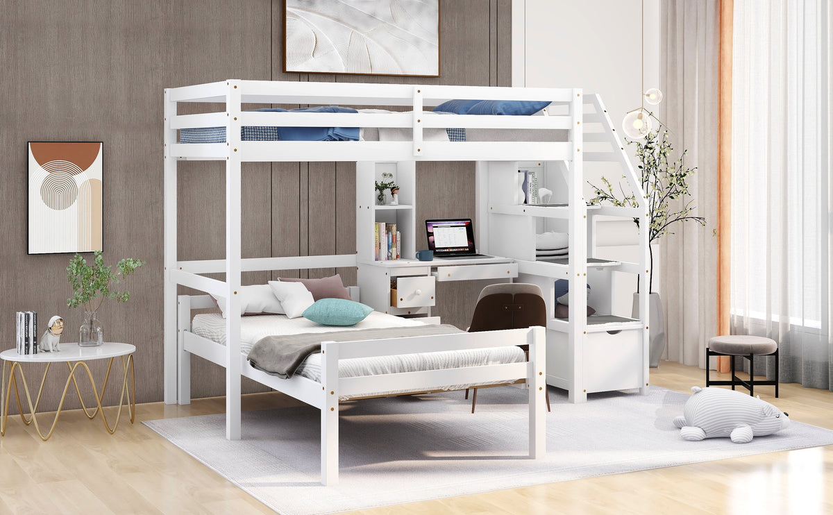 Wood Twin Bunk Loft Bed with Desk, Drawers and Shelf, White P382033