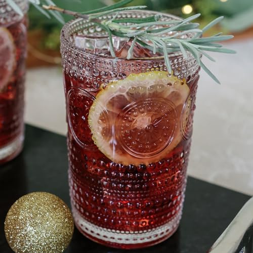 Hobnail Beaded Floral Rose Gold Drinking Glasses Set of 6, 13 oz Glassware Set Y95043