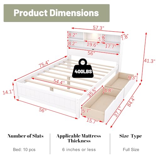 White Twin Size Platform Bed with Bookcase Headboard and 2 Storage Drawers G43032
