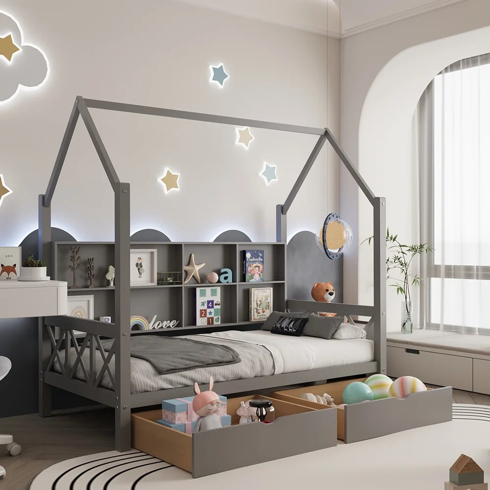 Twin House Bed with Trundle and Storage Shelve F524948