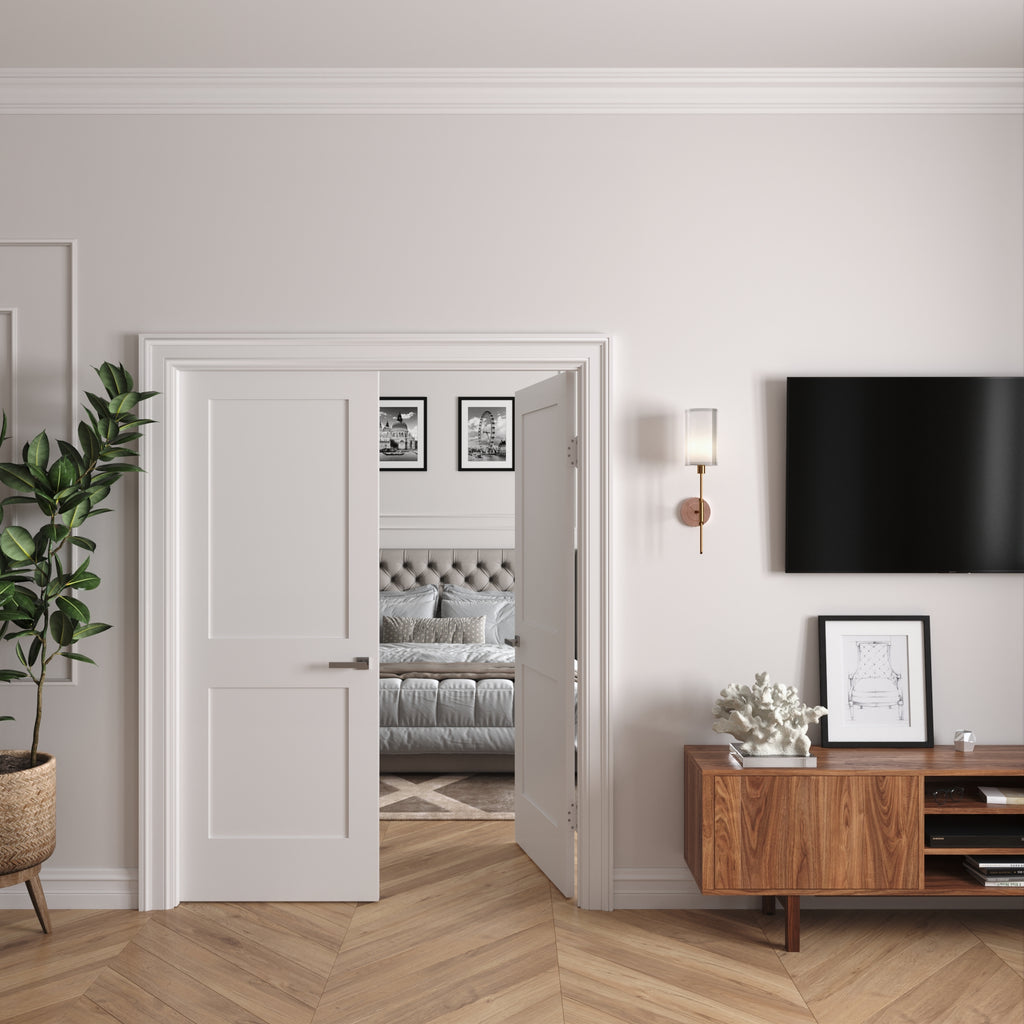 White Primed Double Prehung French Door with Black Hinges P8107