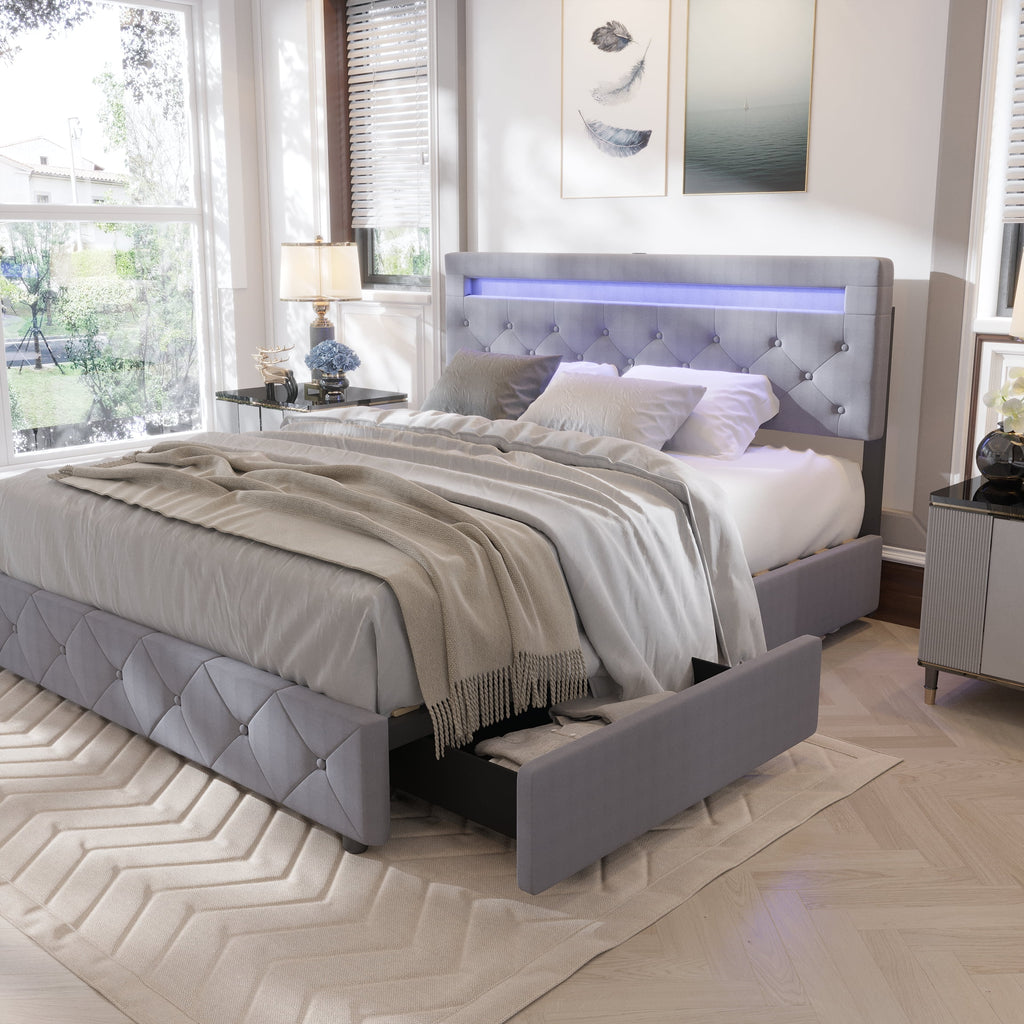 Full Size Upholstered Platform Bed Frame with LED Light Headboard R494