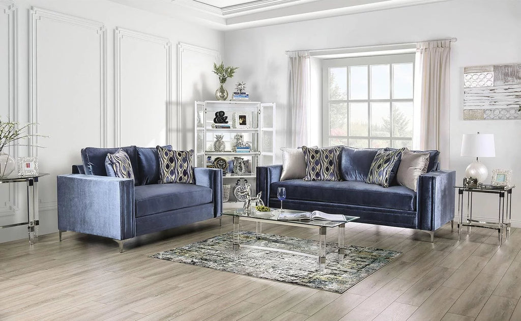 Satin Blue & Silver Microfiber Loveseat S780