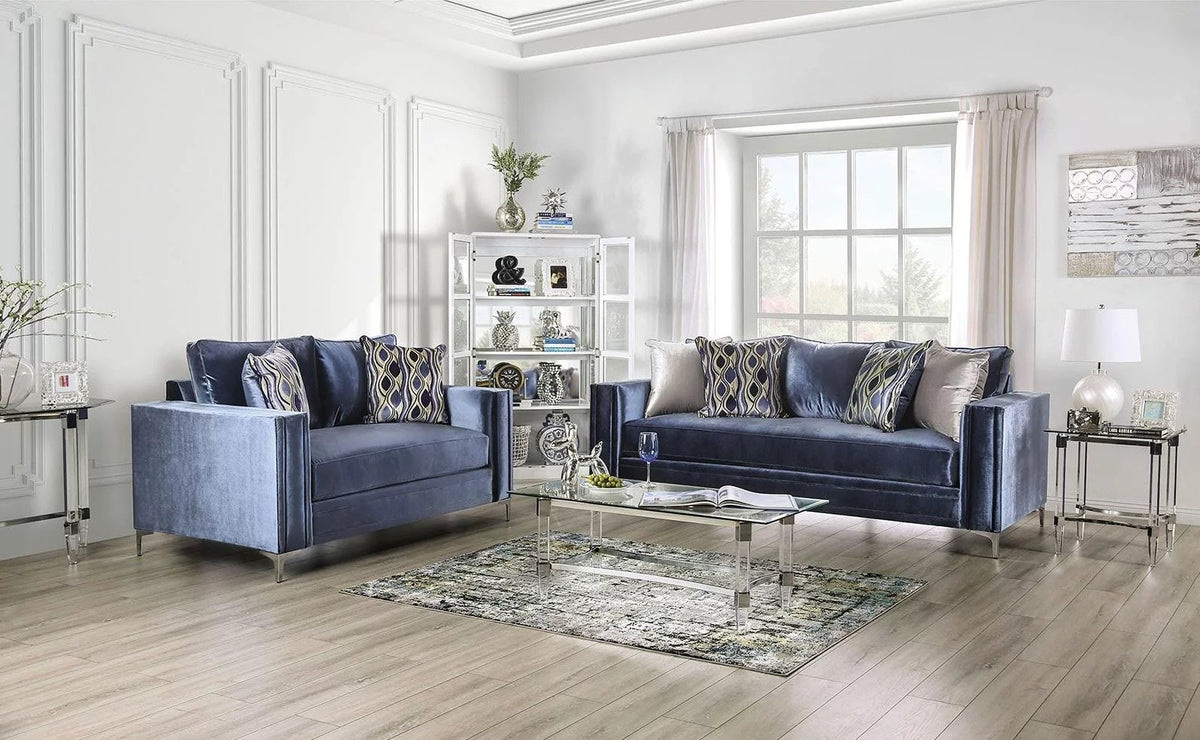 Satin Blue & Silver Microfiber Loveseat S780