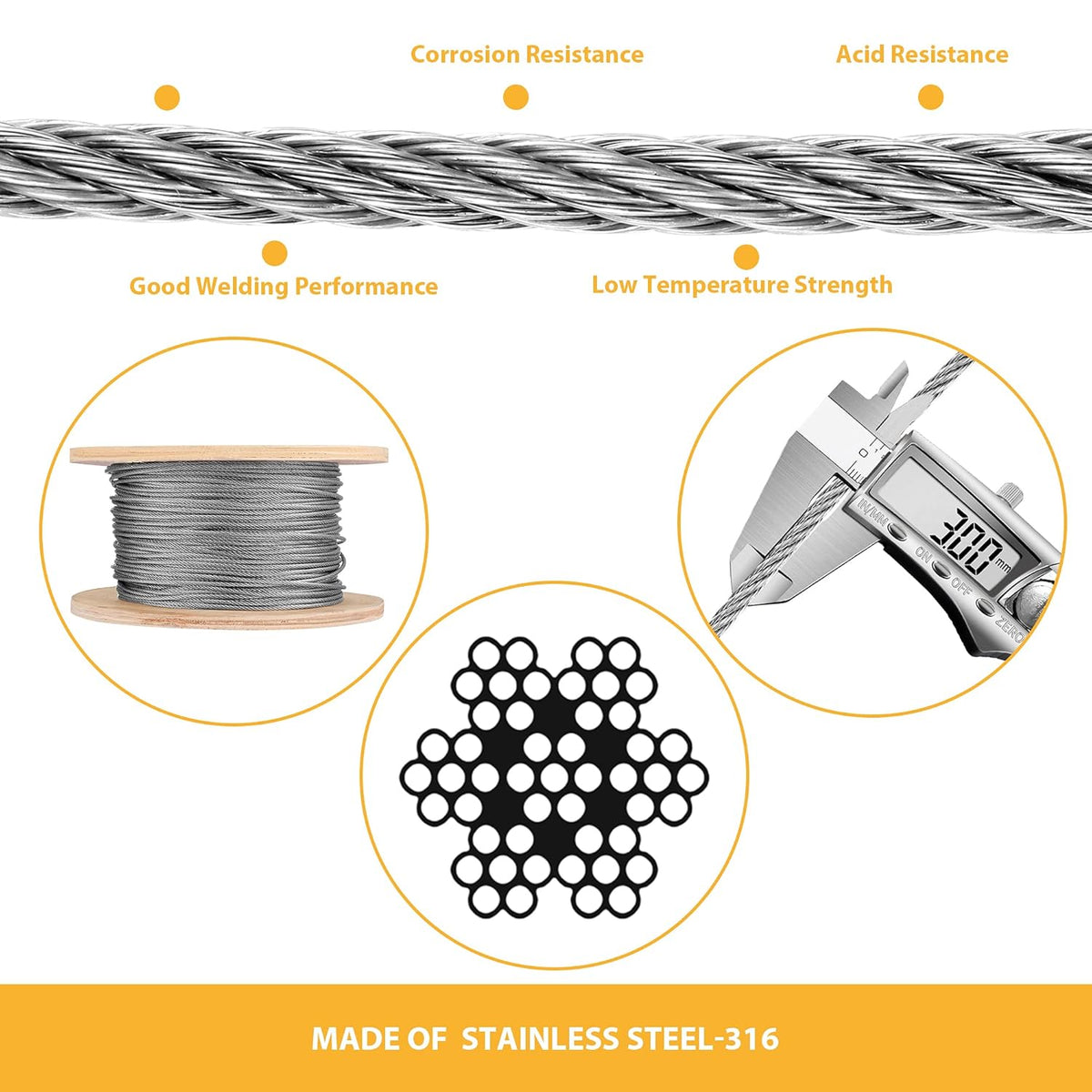 1/8 Stainless Steel Cable Wire Rope, 400FT T316 7x7 Strand Core L7157