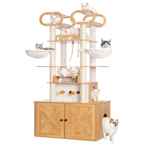 76.8-inch Wooden Cat Tree with Litter Box Enclosure and Scratching Post D295