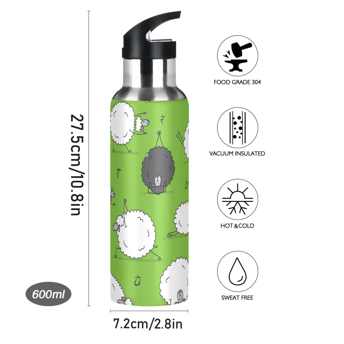 Green Stainless Steel Insulated Water Bottle with Straw Lid A4138
