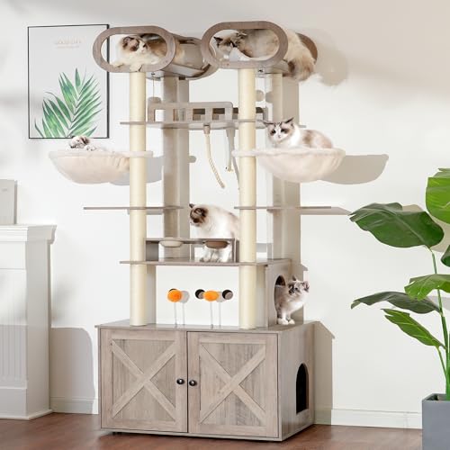 76.8-inch Wooden Cat Tree with Litter Box Enclosure and Scratching Post D295