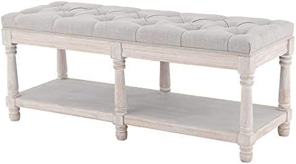 Beige Tufted Wood Entryway Bench K986