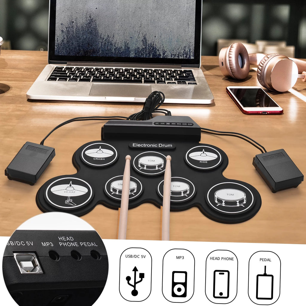 Compact USB Silicon Drum Set with 7 Drum Pads Drumsticks Foot Pedals L116