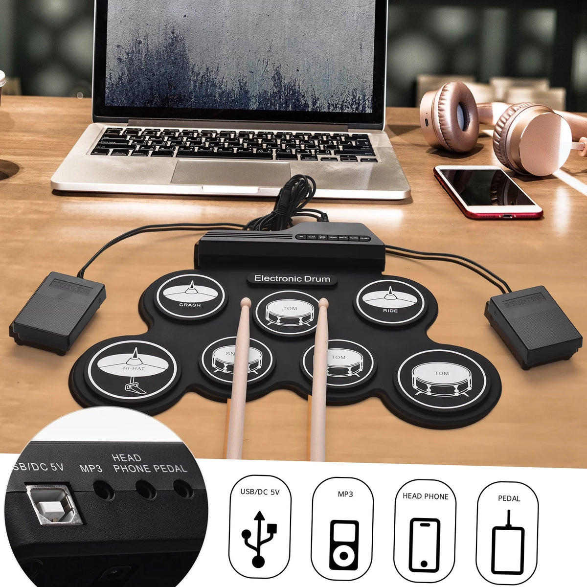 Compact USB Silicon Drum Set with 7 Drum Pads Drumsticks Foot Pedals L116