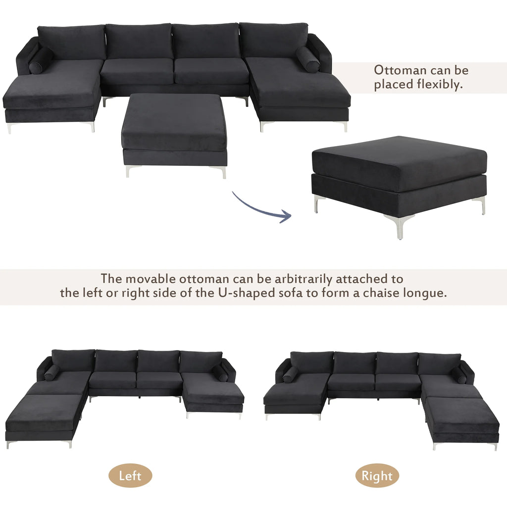 Black Velvet U-Shape Sectional Sofa with Ottoman Y535