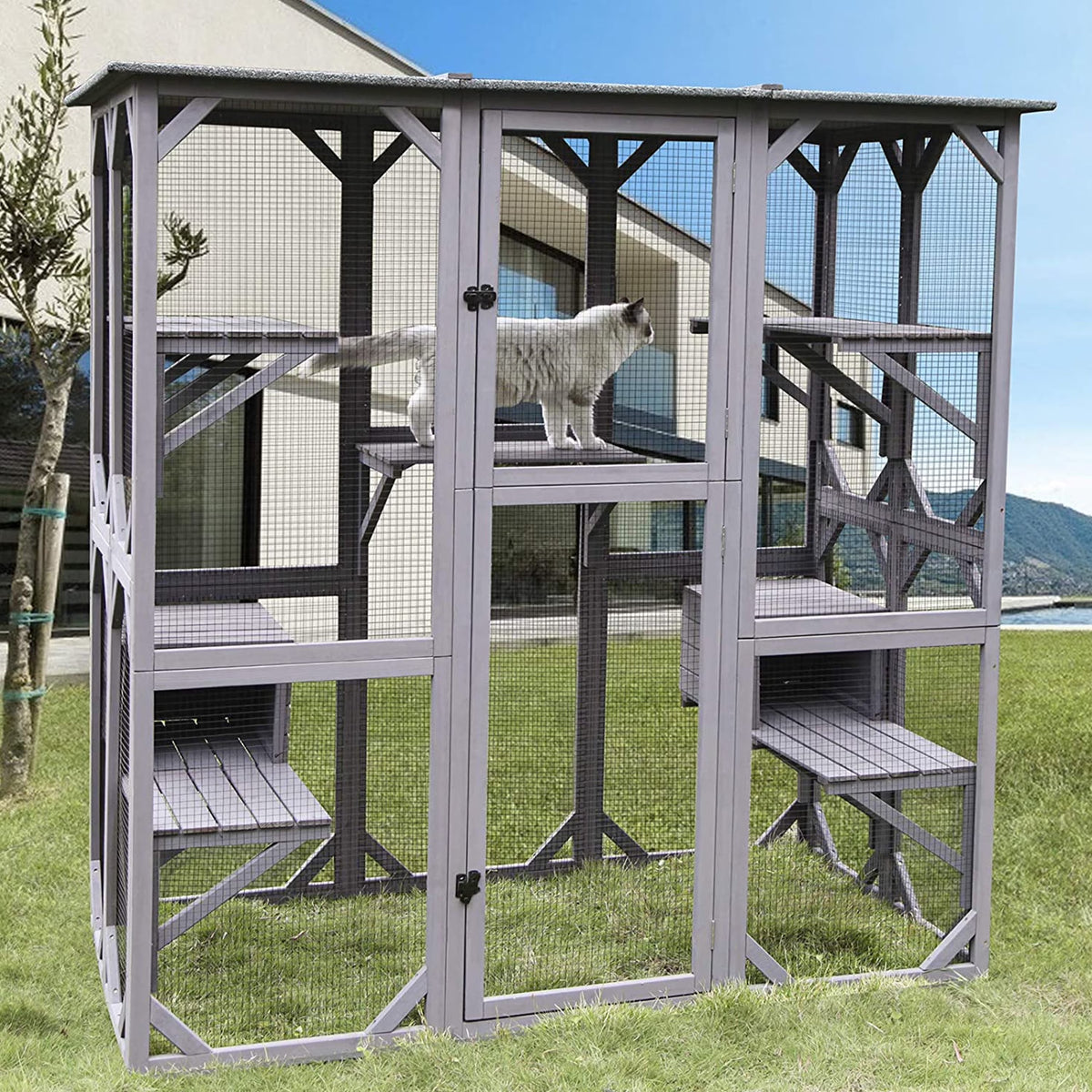 Cat Enclosure, 5-Platform Wooden Cat House with Asphalt Roof, 71 in H93198