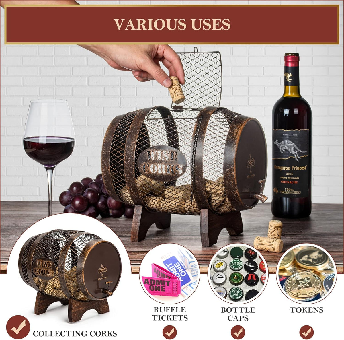 Rustic Metal Large Barrel Wine Cork Holder Display On Wooden Stand N2245