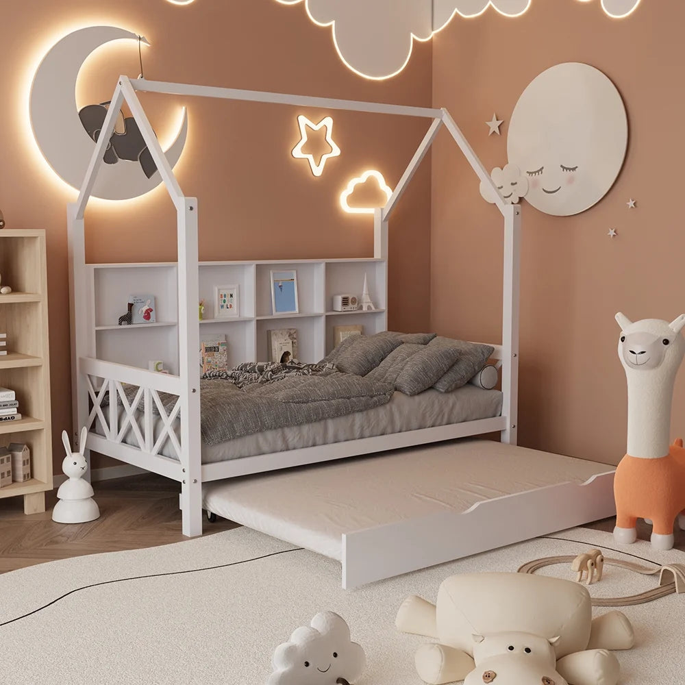 Twin House Bed with Trundle and Storage Shelve F524948