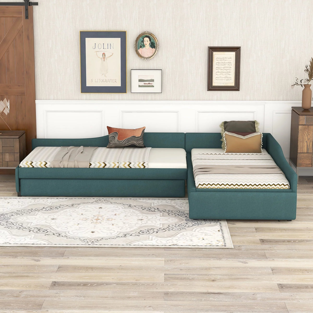 Green Upholstered Twin Size Daybed with Trundle and Drawer D102012