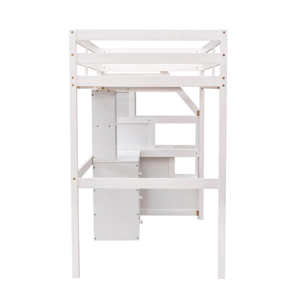 Wood Twin Bunk Loft Bed with Desk, Drawers and Shelf, White P382033