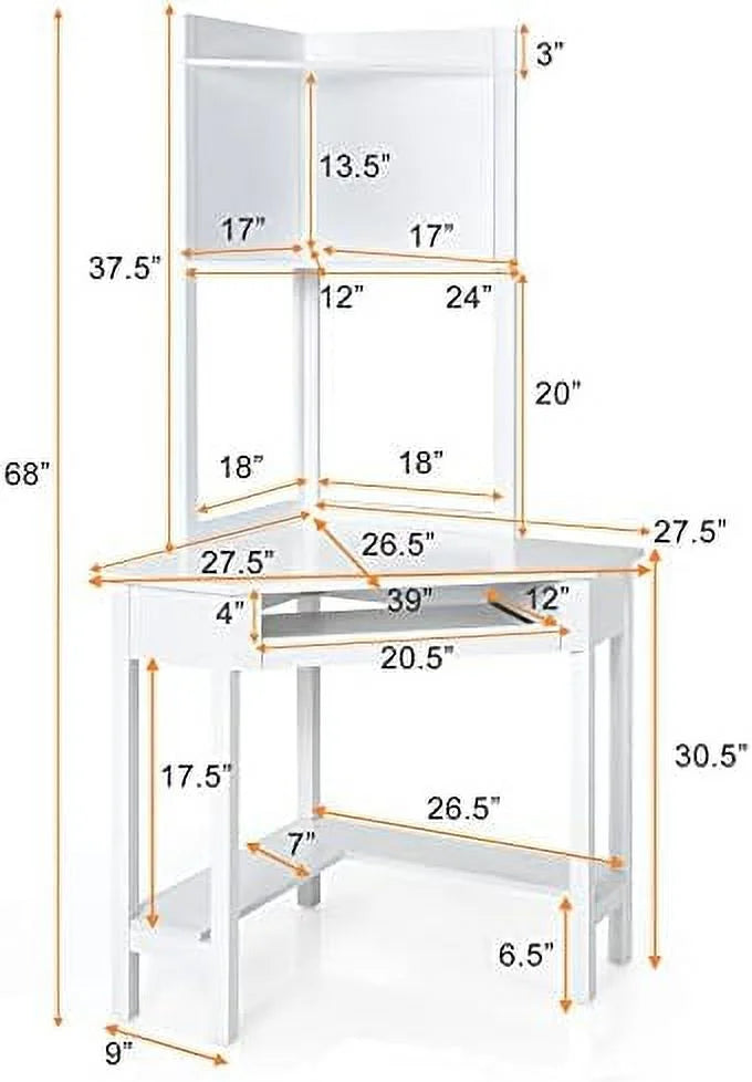 White Corner Computer Desk with Hutch and Shelves G89325