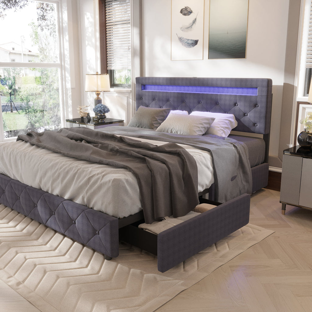 Full Size Upholstered Platform Bed Frame with LED Light Headboard R494