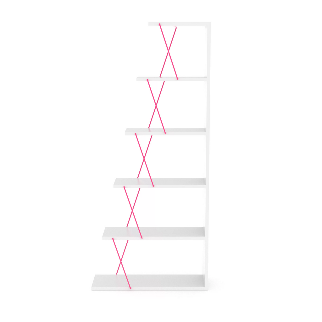 Modern 5 Tier Ladder Bookshelf, White/Pink X21306