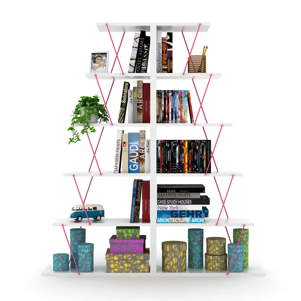Modern 5 Tier Ladder Bookshelf, White/Pink X21306