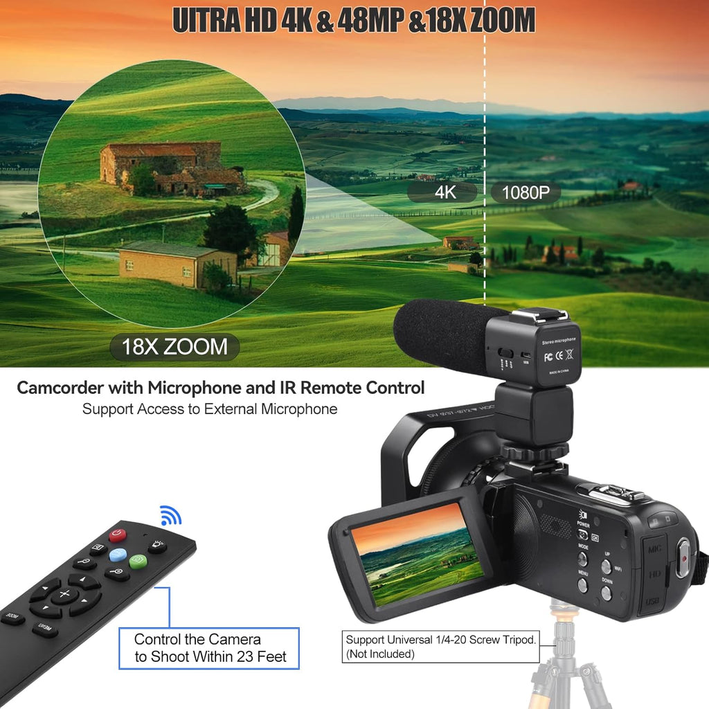 4K 48MP 3.0 Inch IPS Touch Screen Camcorder with Microphone and 2 Batteries (Black) X208455