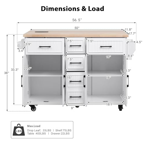 56.5" Rolling Kitchen Island with Drop Leaf, Power Outlet, 4 Doors, 5 Drawers, Black F3016