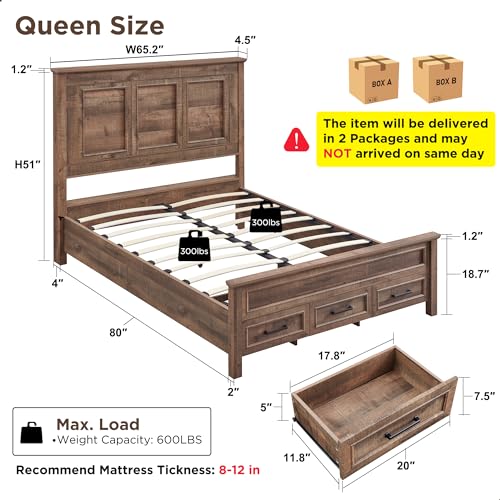 Antique Brown King Size Wood Platform Bed Frame with Headboard and Storage Drawers G326060