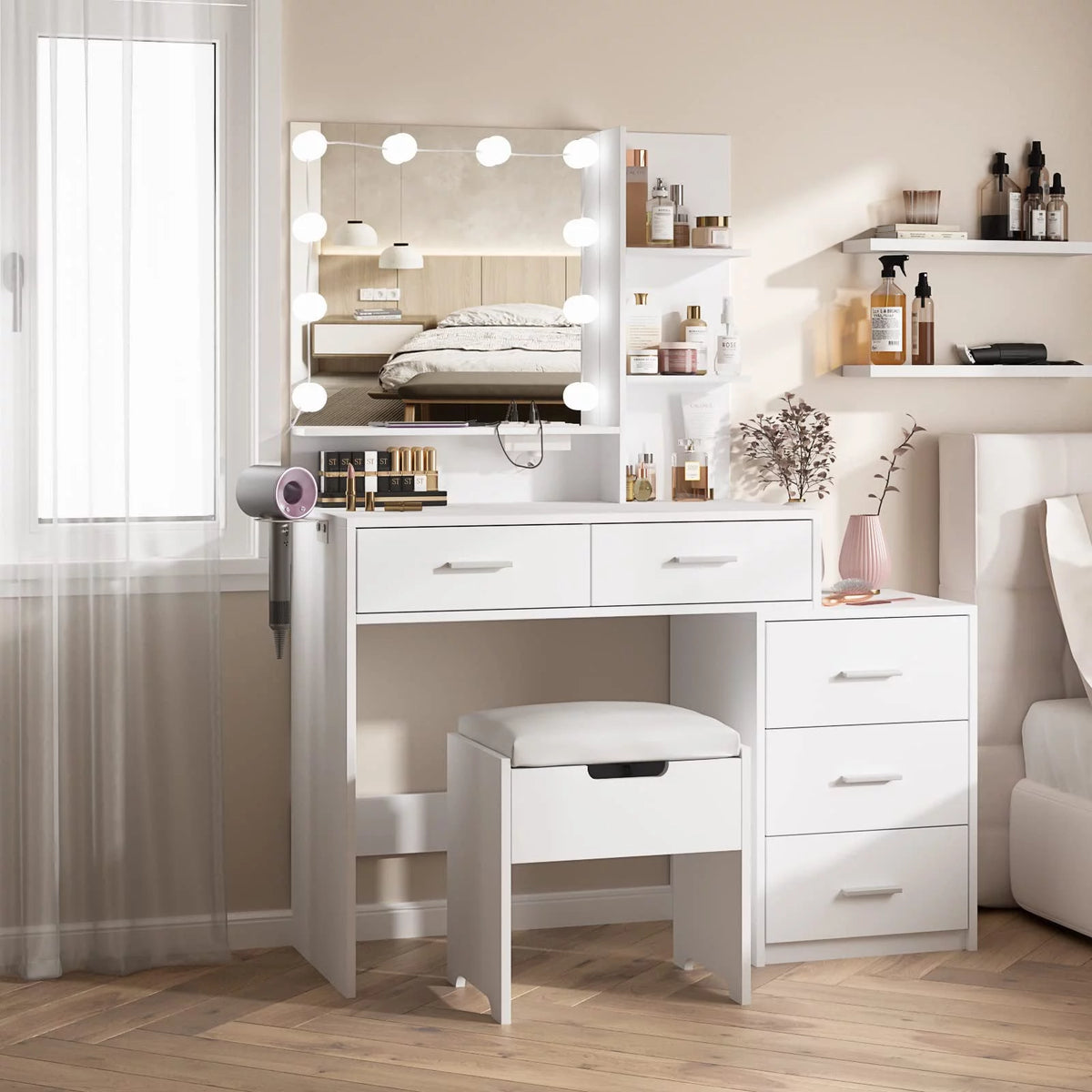 Modern Vanity Table Set with Lighted Mirror, 5 Drawer White A612