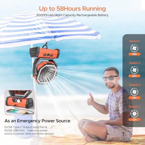 Rechargeable 20000mAh Auto-Oscillating Camping Fan with LED Lantern J7531