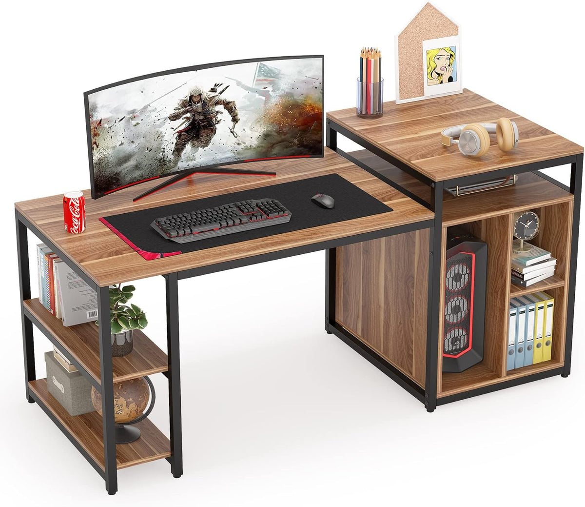 Extra Large Computer Desk with Storage Shelf and Cabinet, Dark Walnut K277117