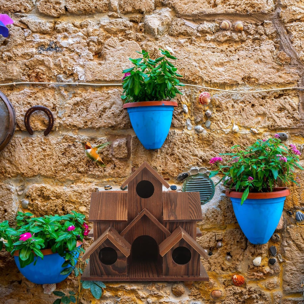 6 Hole Handmade Natural Wooden Bird House D331608