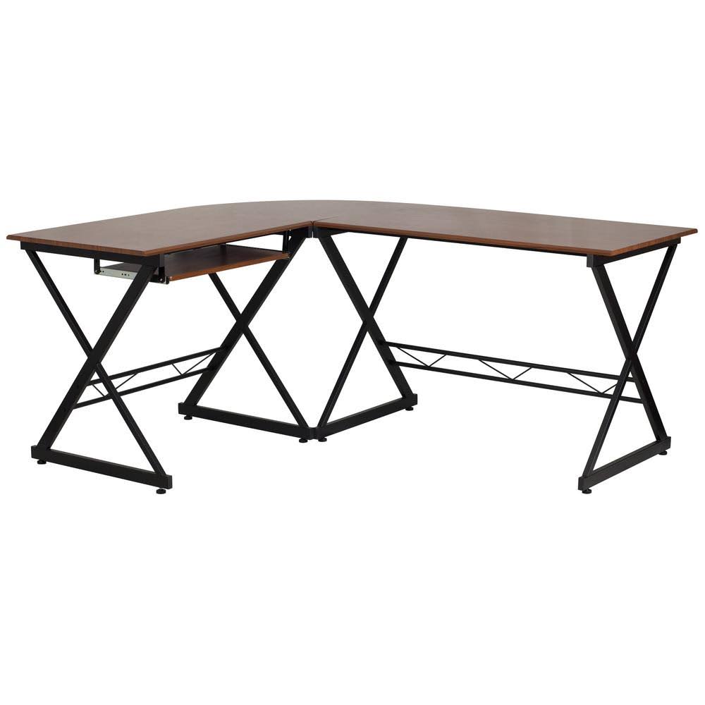 Brown L-Shaped Computer Desk with Keyboard Tray V97141
