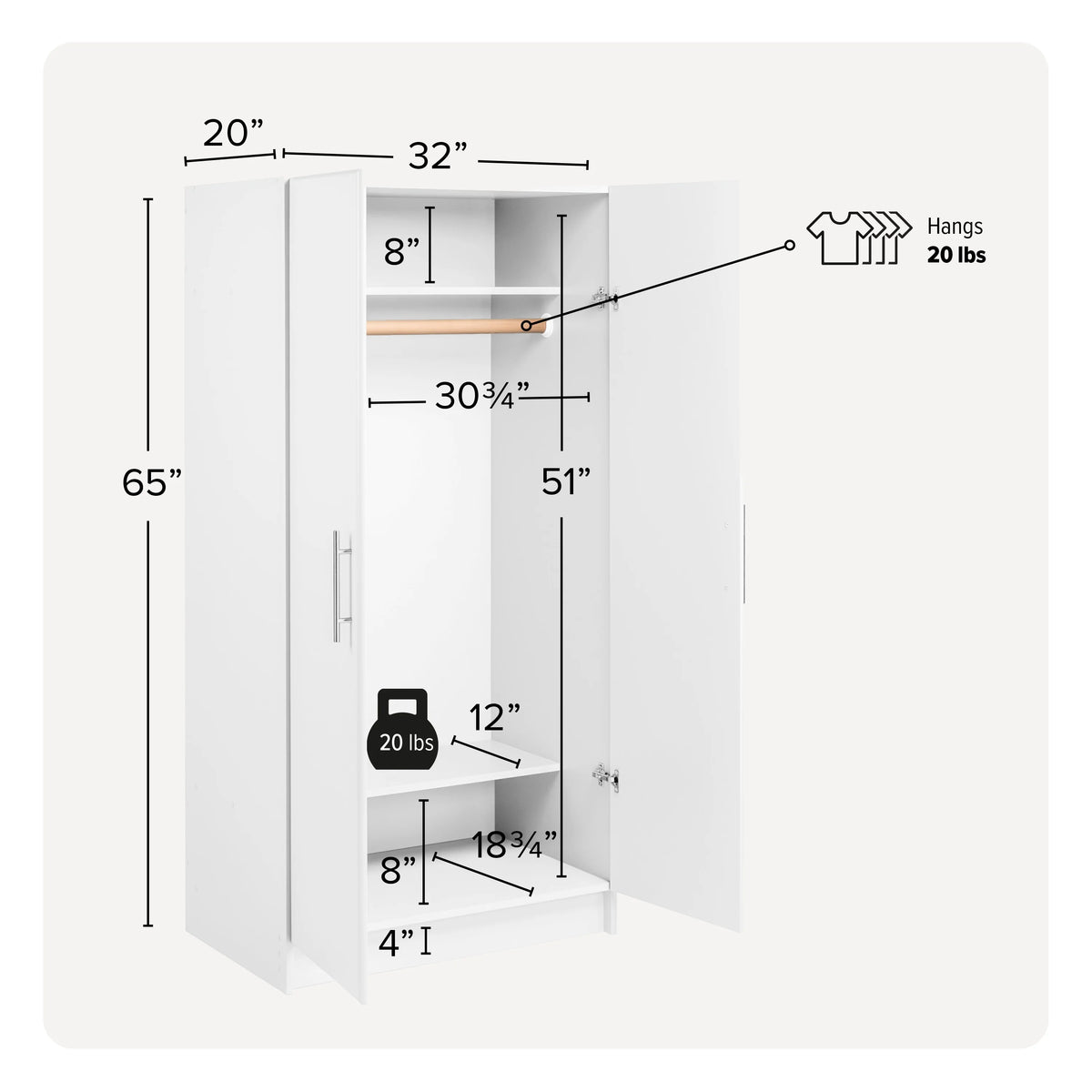 White Wardrobe Closet with Hanging Rail C523