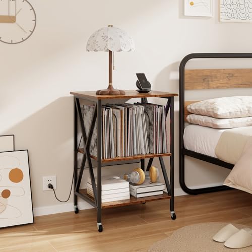Rustic Brown Record Player Stand with Record Storage M865