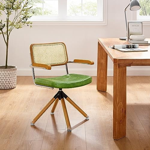 Rattan Faux Leather Office Chair with Wood Legs T29663