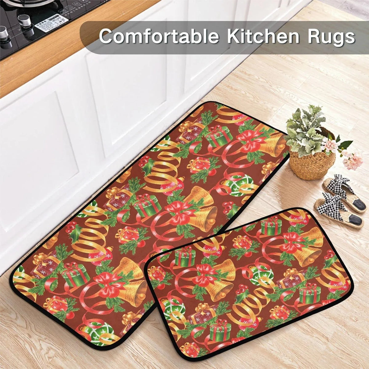 Christmas Jingling Bells Kitchen Mats Set of 2 Anti Fatigue Non Slip Floor Runner Rug 19.7x27.6 Inch + 19.7x47.2 Inch S993777