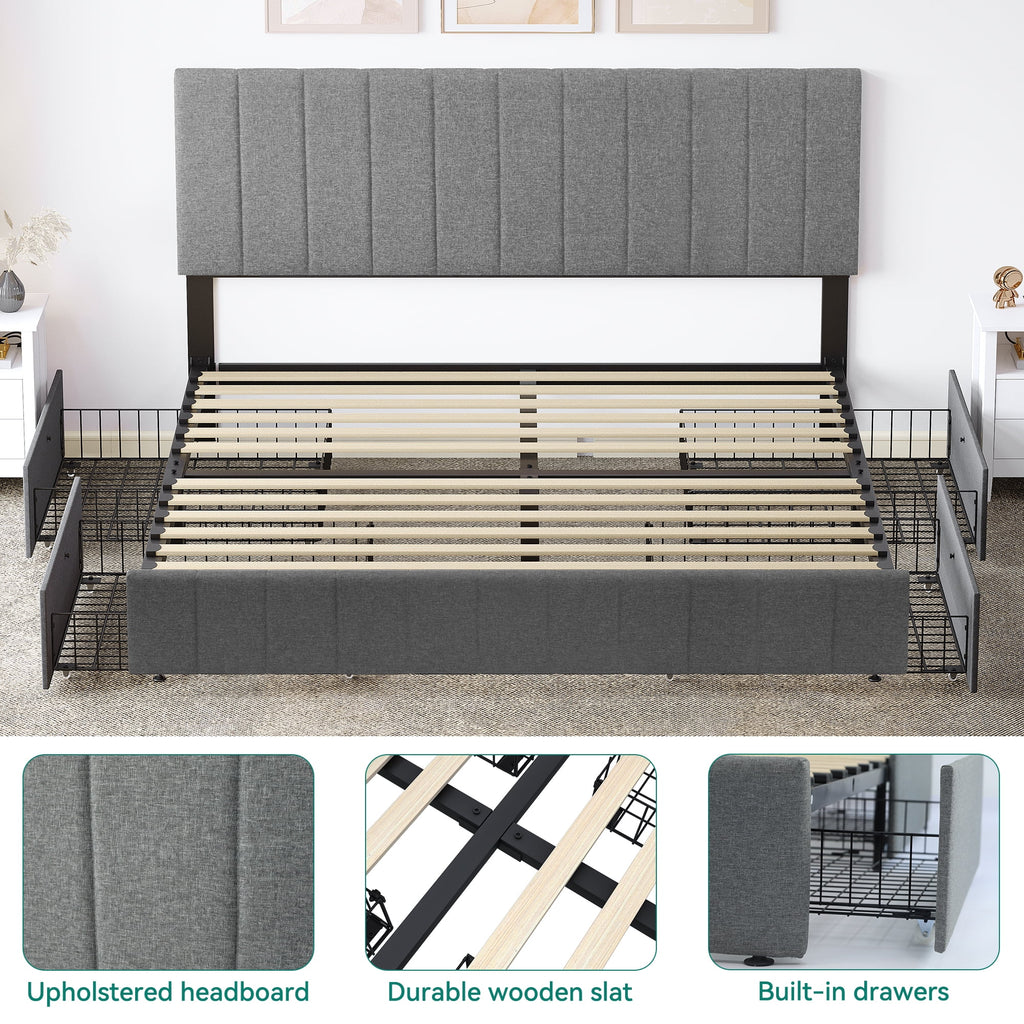 King Size Upholstered Bed Frame with 4 Storage Drawers D25656