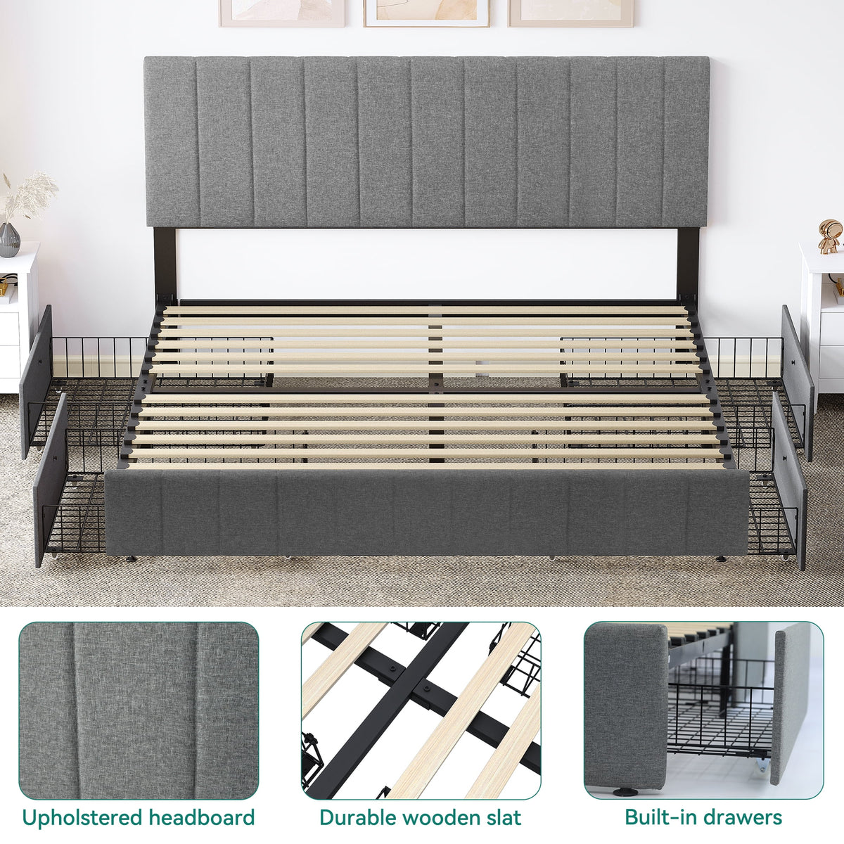 King Size Upholstered Bed Frame with 4 Storage Drawers D25656