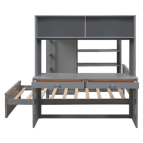Twin Size Loft Bed with Built-in Desk & Wardrobes, Wood Bedframe with 4 Drawers & 4 Shelves, Gray I872030