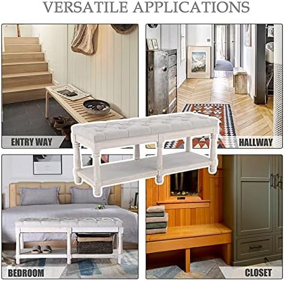 Beige Tufted Wood Entryway Bench K986