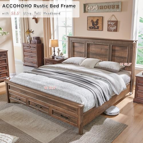 Antique Brown King Size Wood Platform Bed Frame with Headboard and Storage Drawers G326060