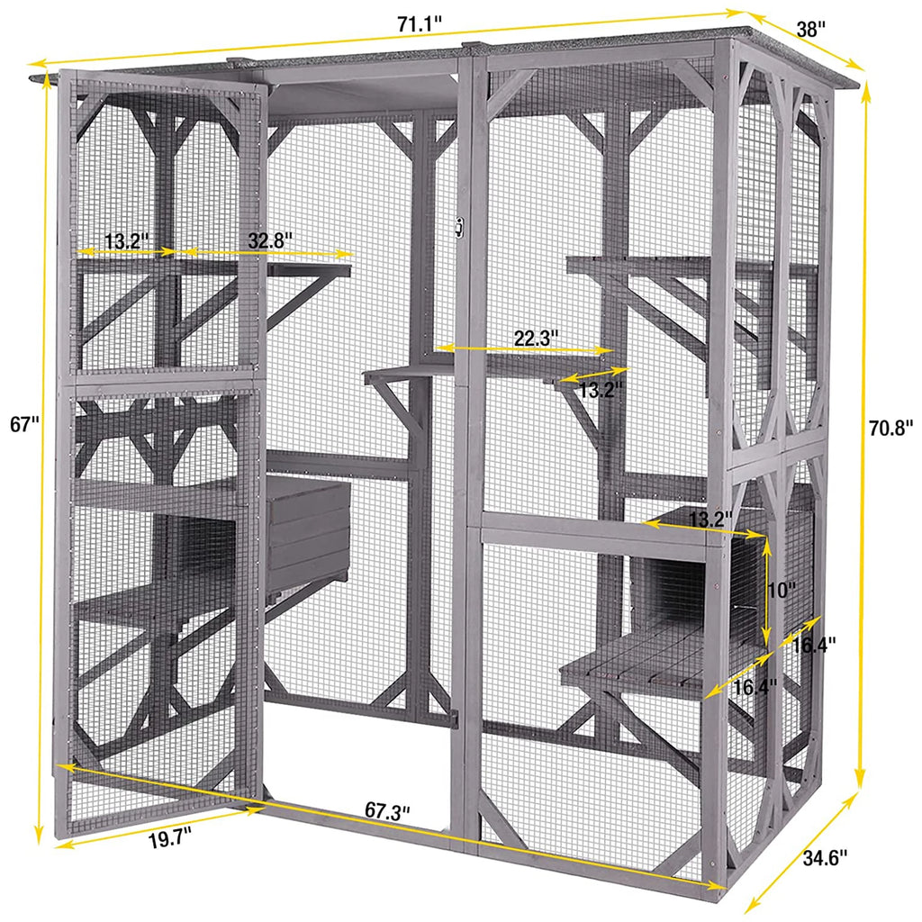 Cat Enclosure, 5-Platform Wooden Cat House with Asphalt Roof, 71 in H93198
