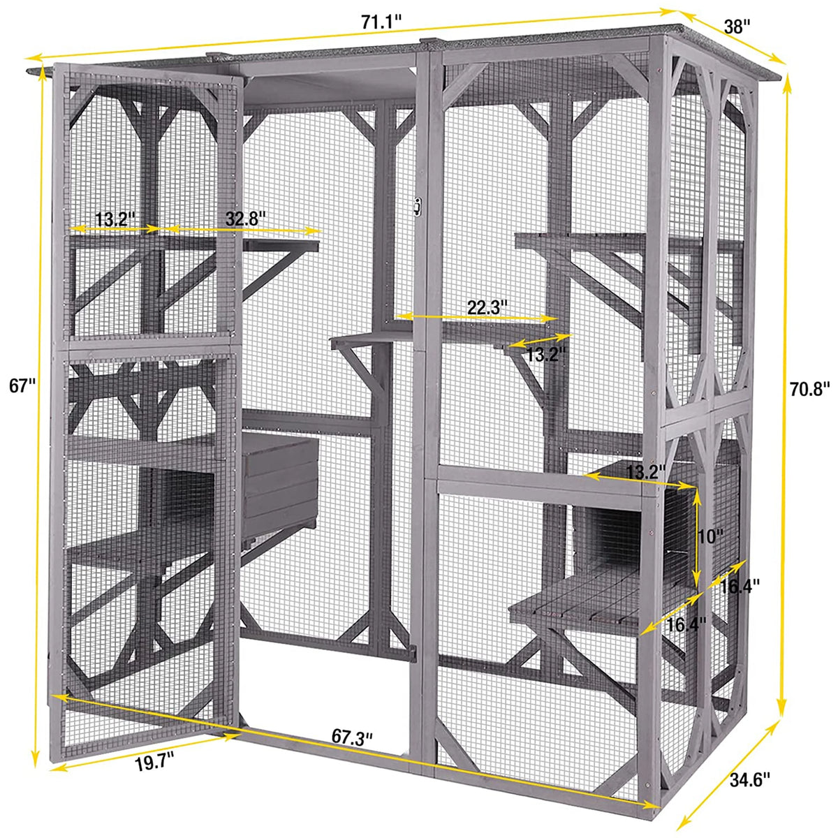 Cat Enclosure, 5-Platform Wooden Cat House with Asphalt Roof, 71 in H93198