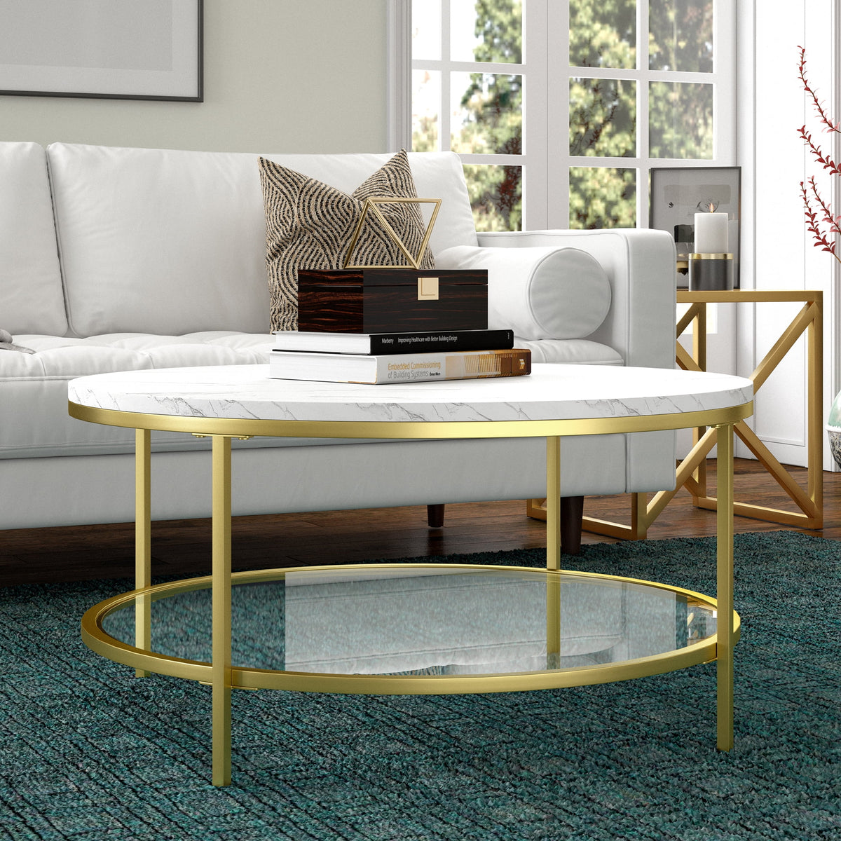 36" Wide Round Coffee Table with Faux Marble Top S820