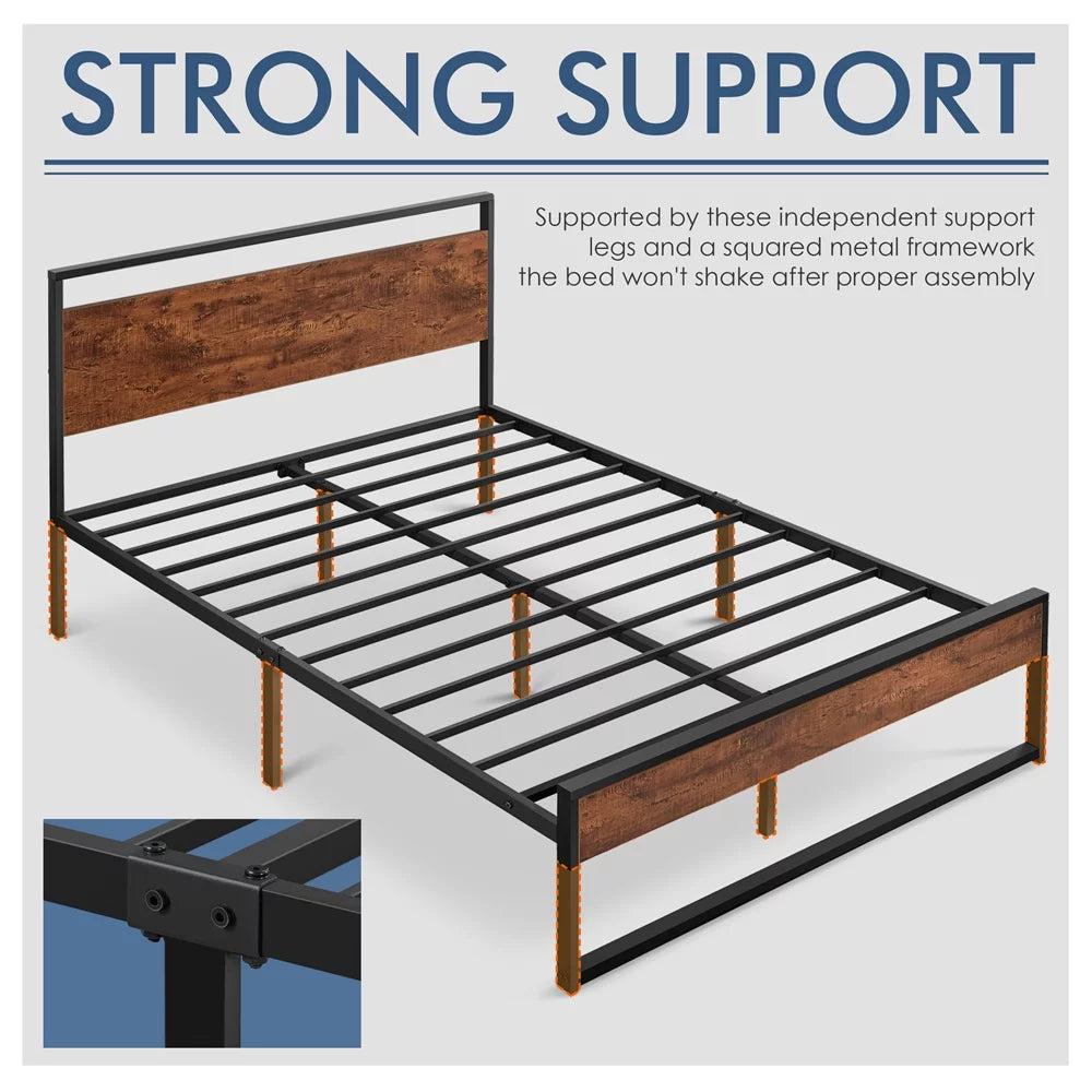 Queen Size Mahogany Metal Platform Bed with Wooden Headboard and Footboard T164