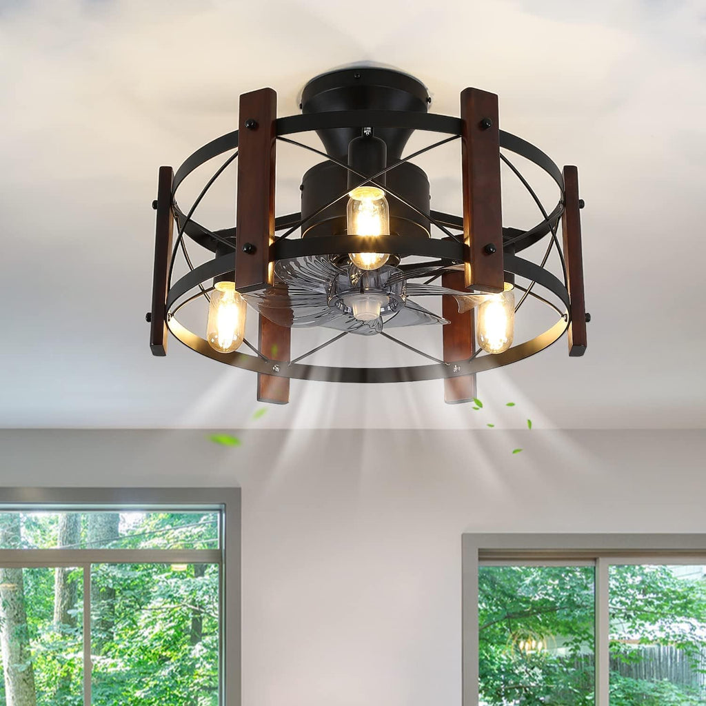 Industrial Ceiling Fan with Light Remote Control Metal Caged Wood Black Enclosed J436420